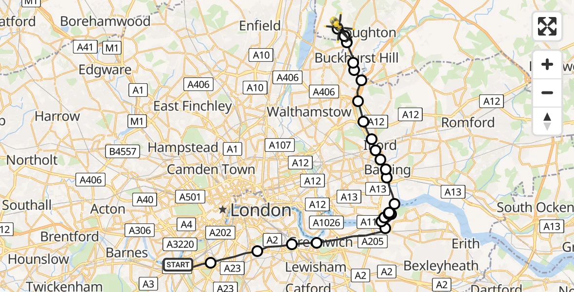 Flight path map showing Police Helicopter route from London Borough of Wandsworth to Sewardstonebury