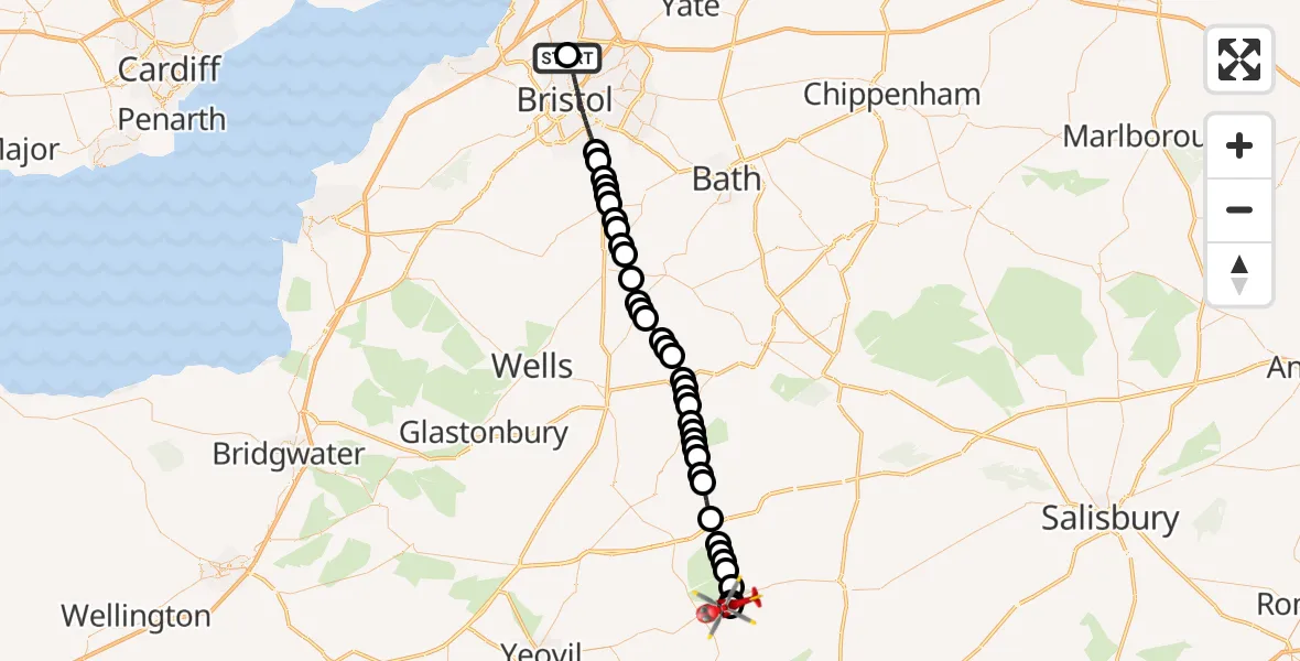 Flight path map showing Air Ambulance Helicopter route from Southmead Hospital to Henstridge Airfield