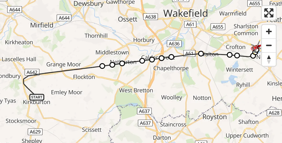 Flight path map showing Air Ambulance Helicopter route from Kirkburton to YAA Nostell Helicopter Port