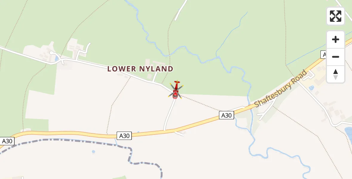 Flight path map showing Air Ambulance Helicopter route from Kington Magna to Kington Magna