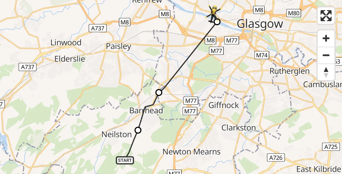 Flight path map showing Police Helicopter route from Neilston to Glasgow