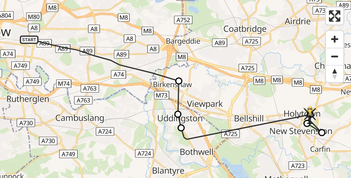 Flight path map showing Police Helicopter route from Glasgow to Holytown
