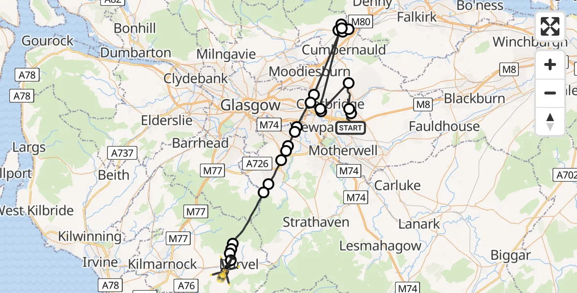 Flight path map showing Police Helicopter route from Holytown to Newmilns