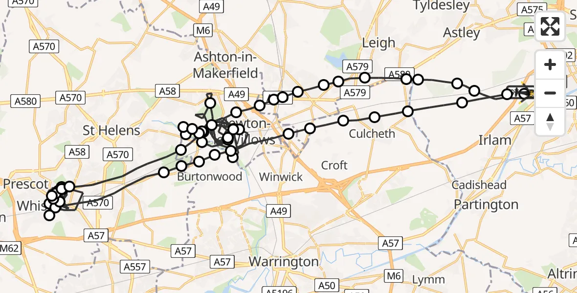 Flight path map showing Police Helicopter route from Manchester Barton Aerodrome to Manchester Barton Aerodrome