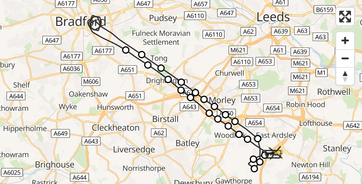Flight path map showing Police Helicopter route from East Ardsley to East Ardsley