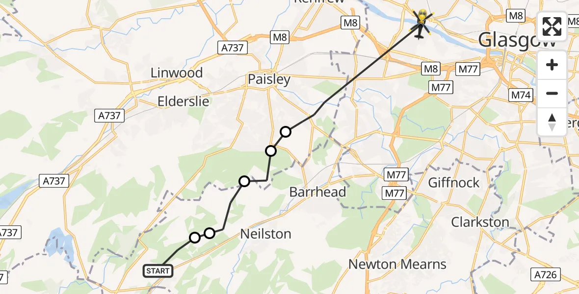 Flight path map showing Police Helicopter route from Uplawmoor to Glasgow