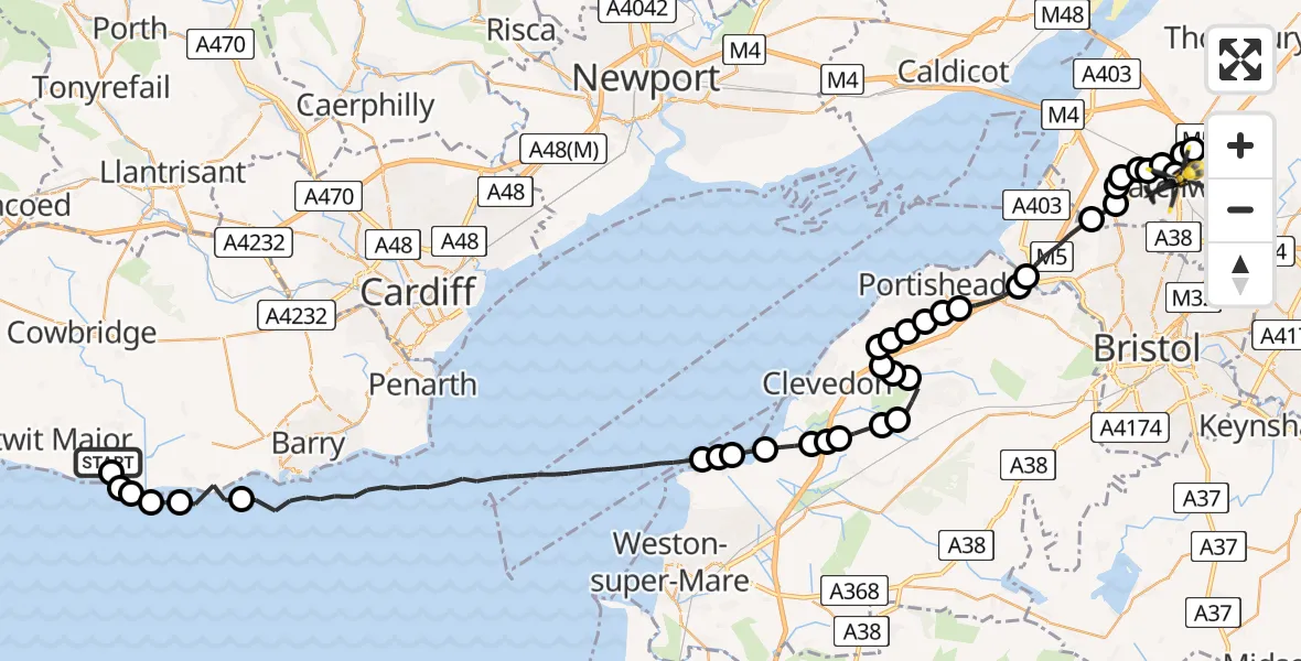 Flight path map showing Police Helicopter route from MOD St Athan to Bristol