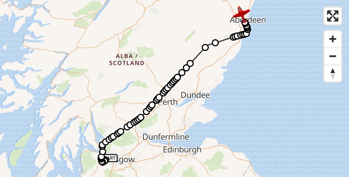 Flight path map showing Air Ambulance Aircraft route from Glasgow Airport to Aberdeen International Airport