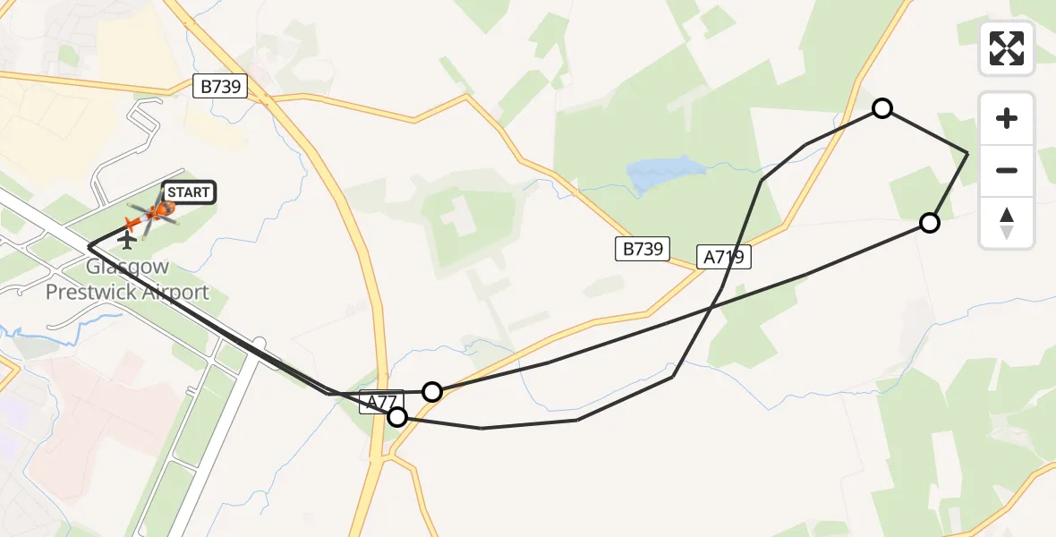 Flight path map showing Coastguard Helicopter route from Glasgow Prestwick Airport to Glasgow Prestwick Airport