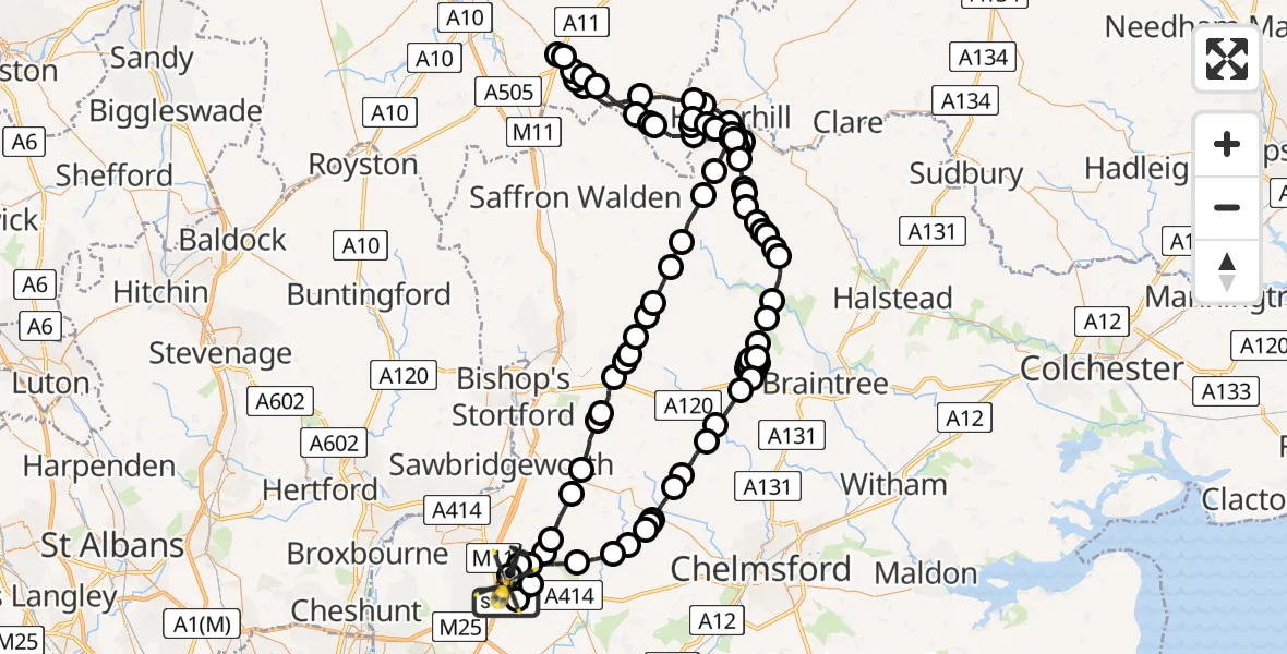 Flight path map showing Police Helicopter route from North Weald Airfield to North Weald Airfield