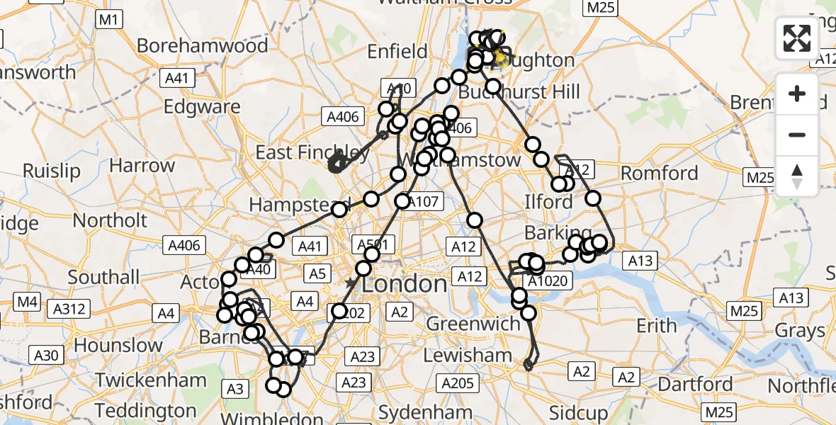Flight route Police Helicopter Sewardstonebury - Metropolitan Police Air Support Unit Lippitts Hill, 27 February 2026, 22:44