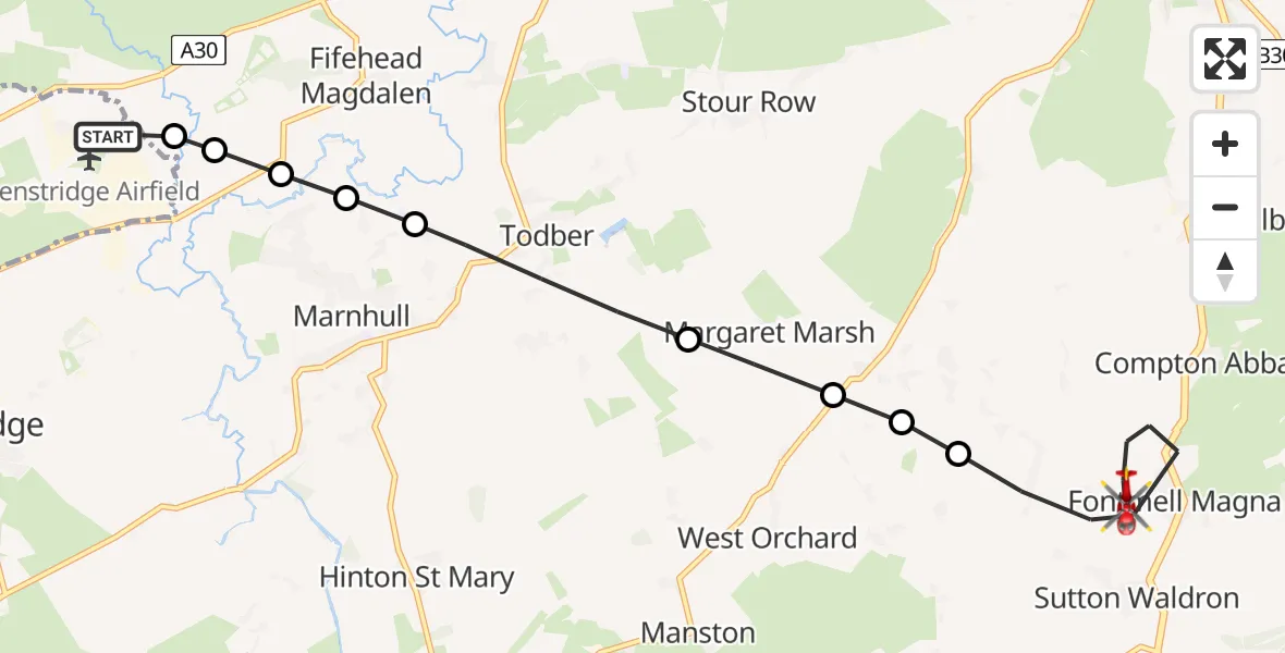 Flight path map showing Air Ambulance Helicopter route from Henstridge Airfield to Fontmell Magna
