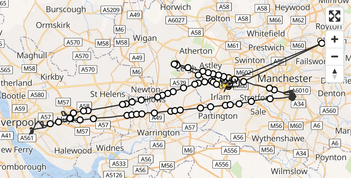 Flight path map showing Police Helicopter route from Manchester Barton Aerodrome to Irlam