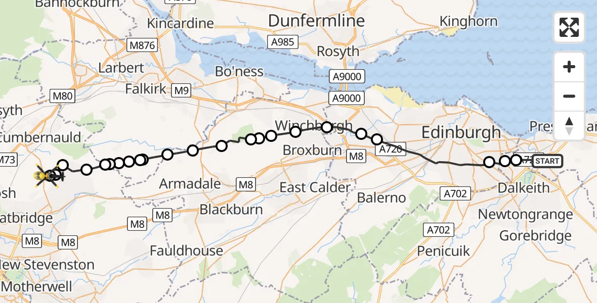 Flight path map showing Police Helicopter route from Whitecraig to Wattston