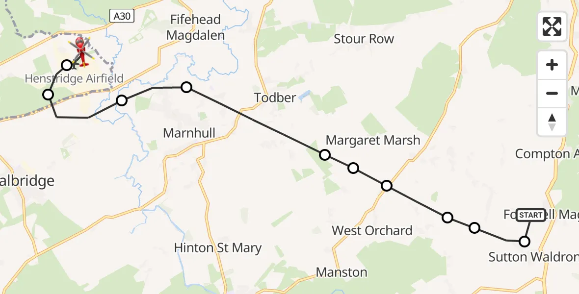 Flight path map showing Air Ambulance Helicopter route from Fontmell Magna to Henstridge Airfield