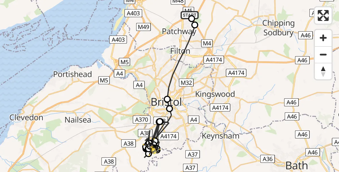 Flight path map showing Police Helicopter route from Almondsbury Helicopter Base to Bristol