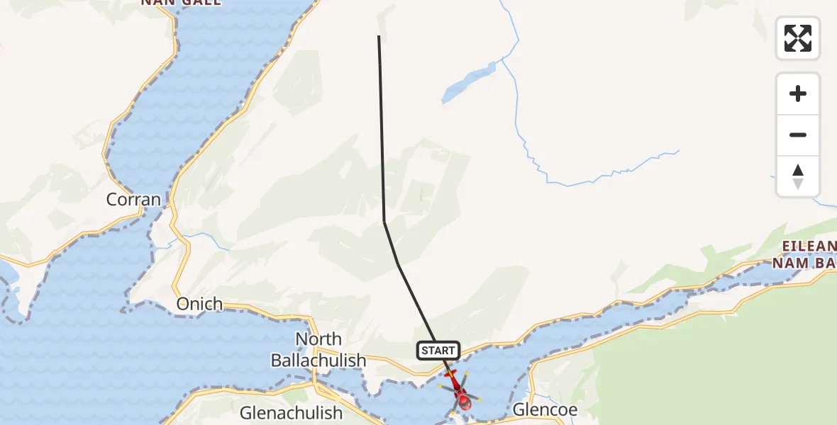 Flight path map showing Air Ambulance Helicopter route from North Ballachulish to Ballachulish