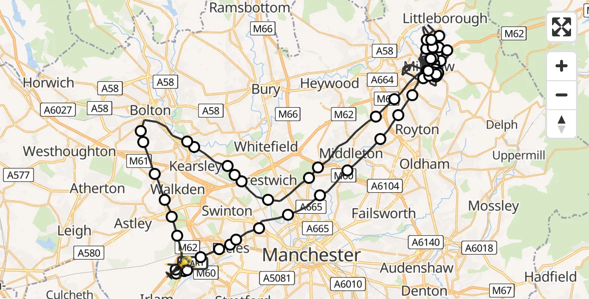 Flight path map showing Police Helicopter route from Manchester Barton Aerodrome to Manchester Barton Aerodrome