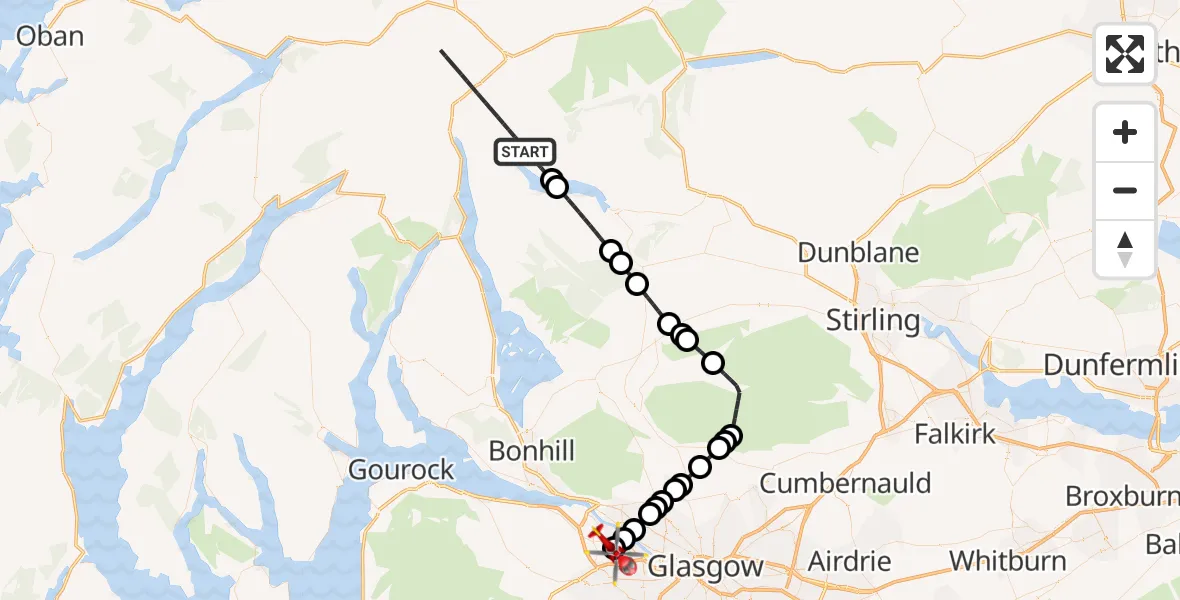 Flight path map showing Air Ambulance Helicopter route from Portnellan to Glasgow Airport