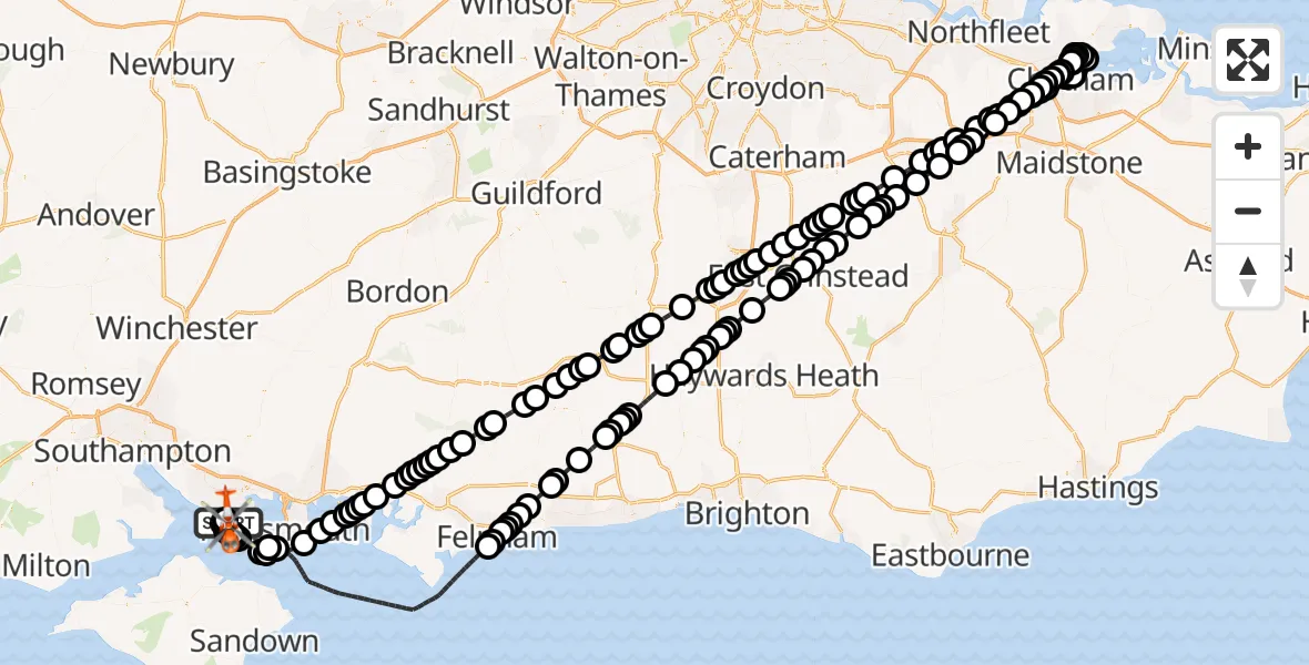 Flight path map showing Coastguard Helicopter route from Solent Airport to Solent Airport