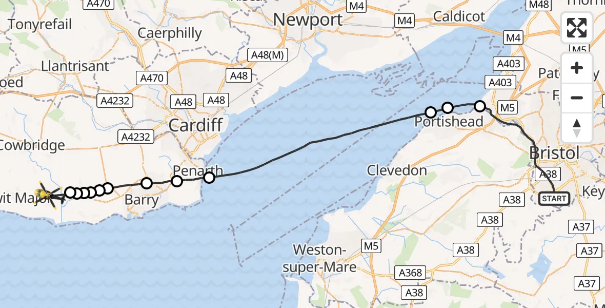 Flight path map showing Police Helicopter route from Bristol to MOD St Athan