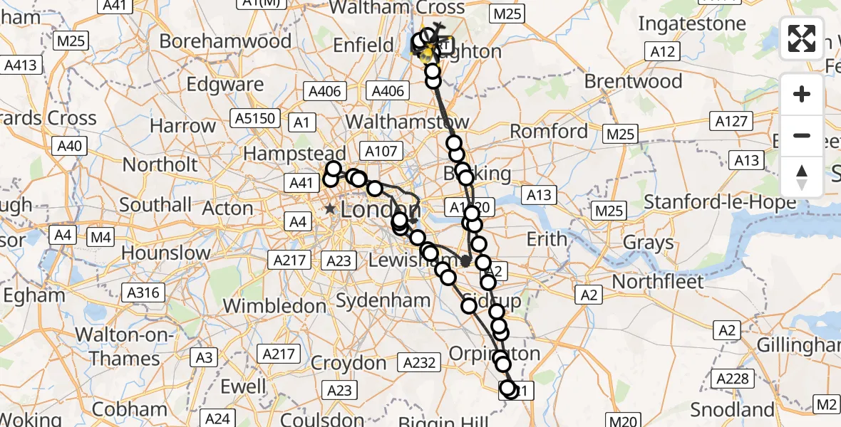 Flight path map showing Police Helicopter route from Metropolitan Police Air Support Unit Lippitts Hill to Metropolitan Police Air Support Unit Lippitts Hill