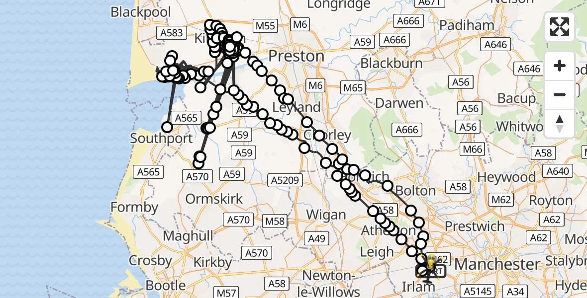 Flight path map showing Police Helicopter route from Manchester Barton Aerodrome to Worsley