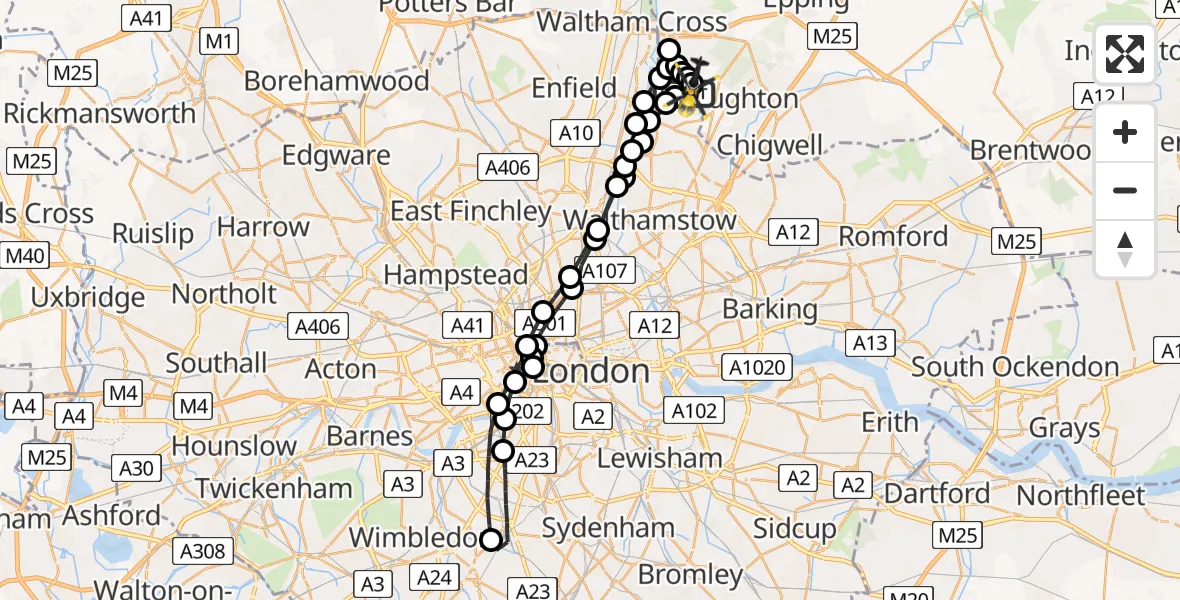 Flight path map showing Police Helicopter route from Sewardstonebury to Sewardstonebury