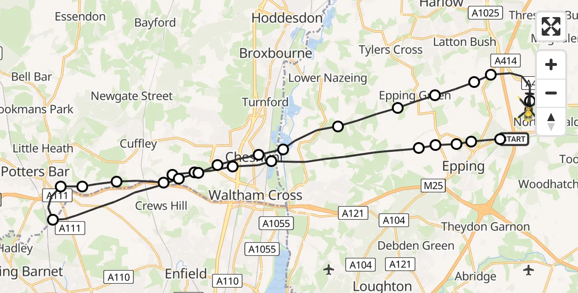 Flight path map showing Police Helicopter route from North Weald Airfield to North Weald Airfield