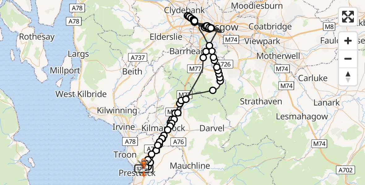 Flight path map showing Coastguard Helicopter route from Glasgow Prestwick Airport to Glasgow Prestwick Airport