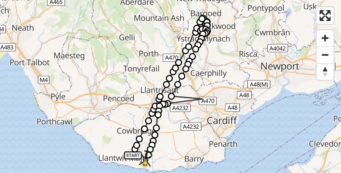 Flight path map showing Police Helicopter route from Boverton to MOD St Athan