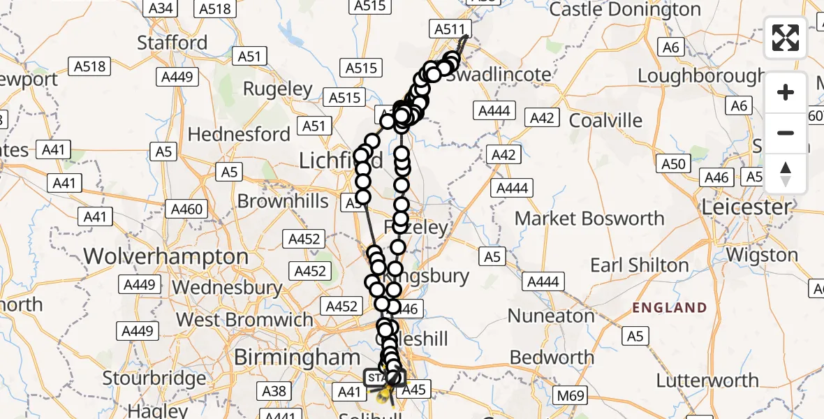 Flight path map showing Police Helicopter route from Birmingham Airport to Birmingham Airport