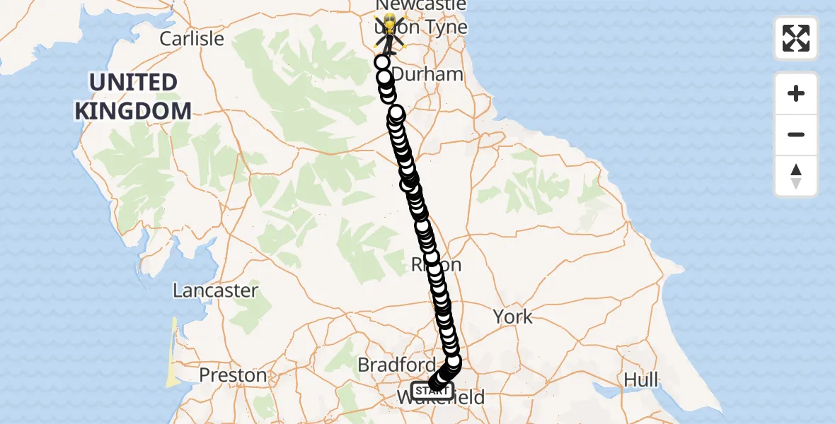 Flight path map showing Police Helicopter route from East Ardsley to Hamsterley Mill