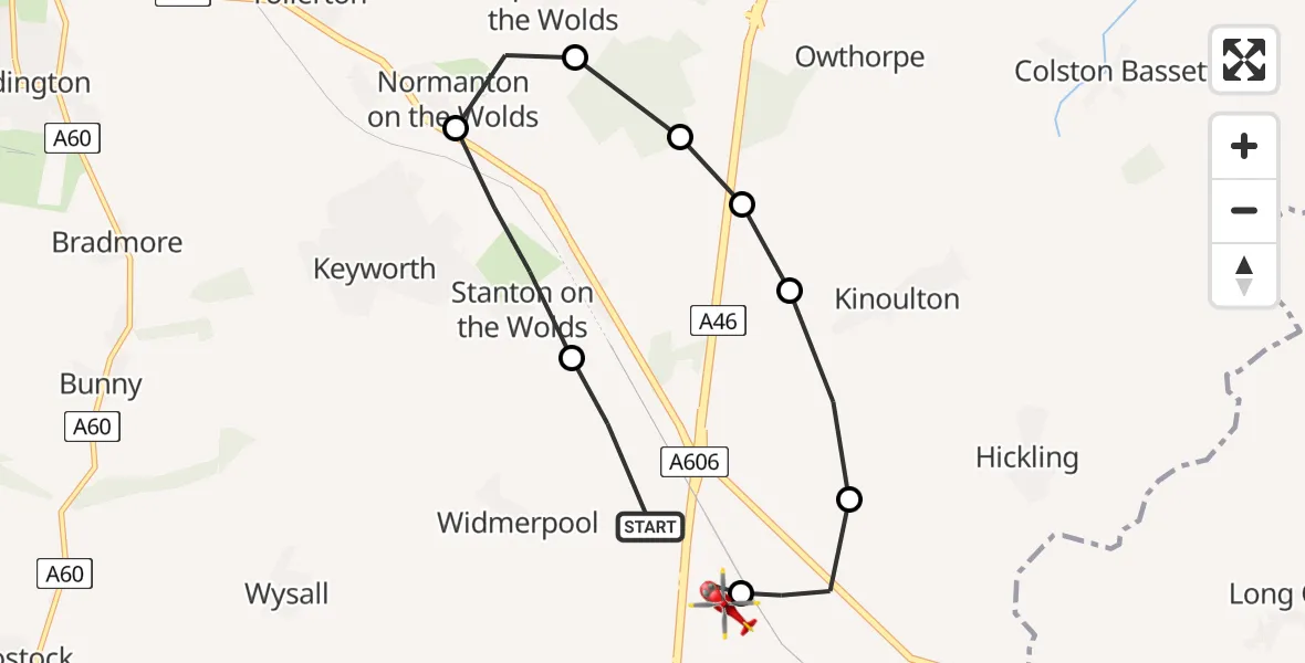 Flight path map showing Air Ambulance Helicopter route from Widmerpool to Nottingham Heliport
