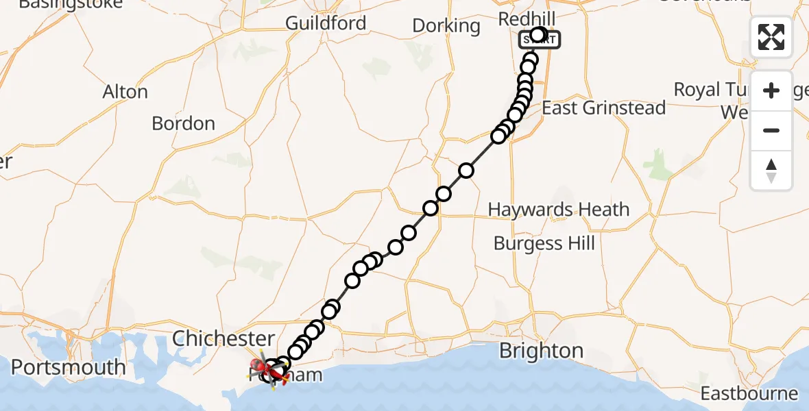 Flight path map showing Air Ambulance Helicopter route from Redhill Aerodrome to North Bersted