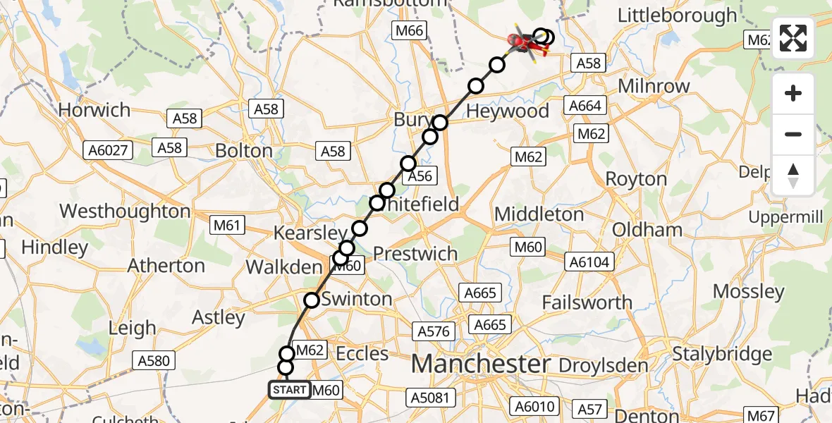 Flight path map showing Air Ambulance Helicopter route from Manchester Barton Aerodrome to Norden