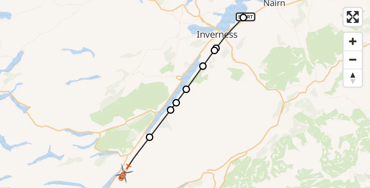 Flight path map showing Coastguard Helicopter route from Inverness Airport to Fort Augustus