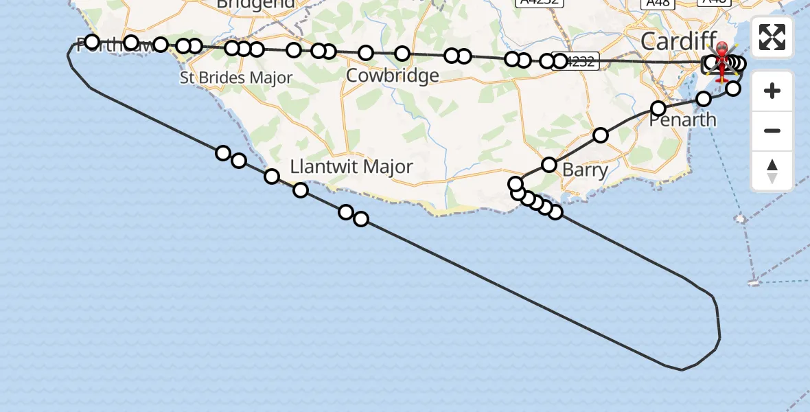 Flight path map showing Air Ambulance Helicopter route from Cardiff Heliport to Cardiff Heliport