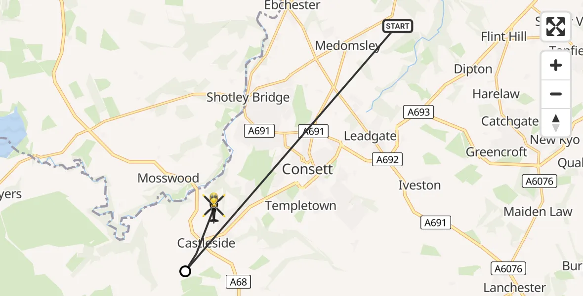Flight path map showing Police Helicopter route from Medomsley to Consett