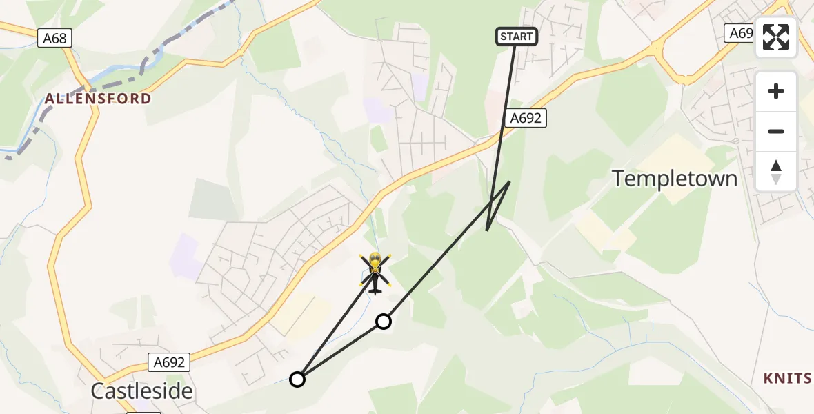 Flight path map showing Police Helicopter route from Templetown to Consett
