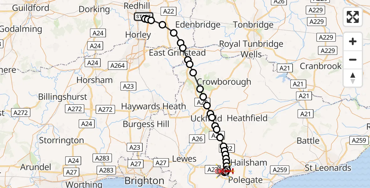 Flight path map showing Air Ambulance Helicopter route from Redhill Aerodrome to Wealden