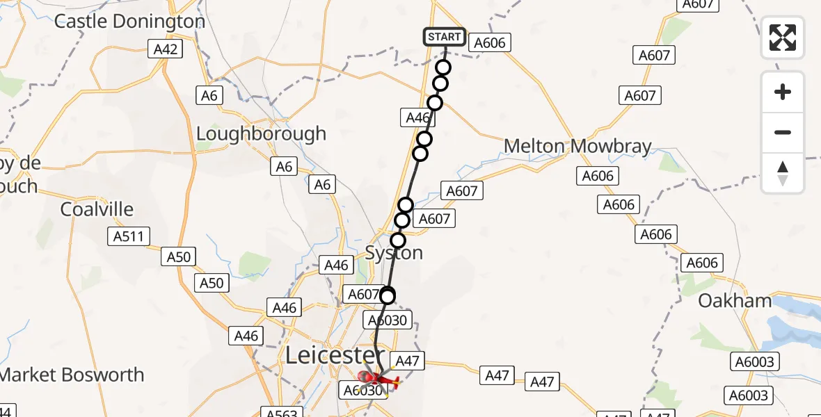Flight path map showing Air Ambulance Helicopter route from Rushcliffe to Leicester
