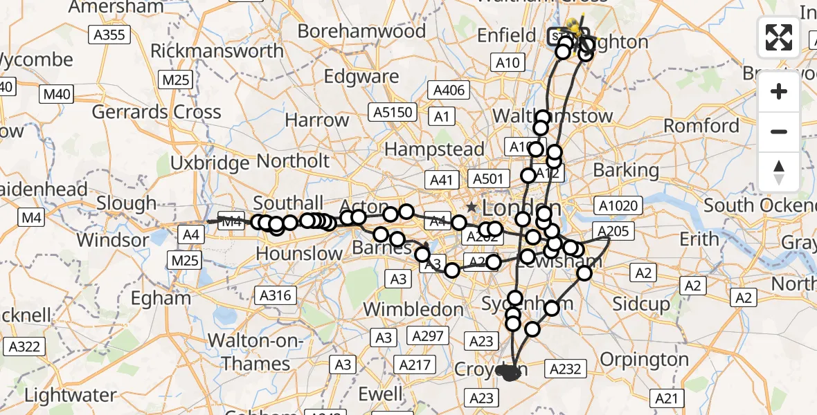 Flight path map showing Police Helicopter route from Greater London to Sewardstonebury