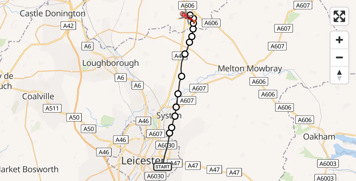 Flight path map showing Air Ambulance Helicopter route from Leicester to Nottingham Heliport