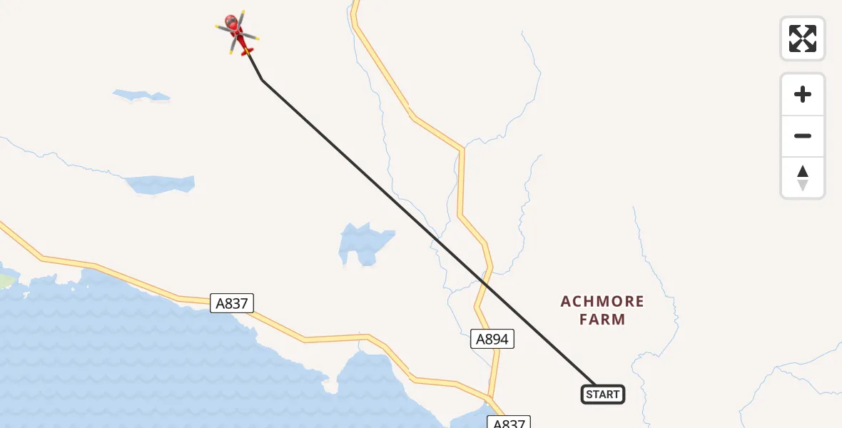 Flight path map showing Air Ambulance Helicopter route from Achmore Farm to Achmore Farm