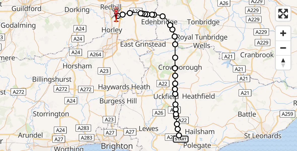 Flight path map showing Air Ambulance Helicopter route from Wealden to Redhill Aerodrome