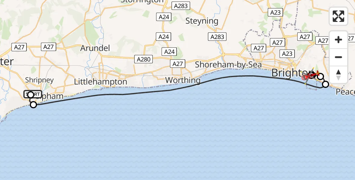 Flight path map showing Air Ambulance Helicopter route from North Bersted to Brighton