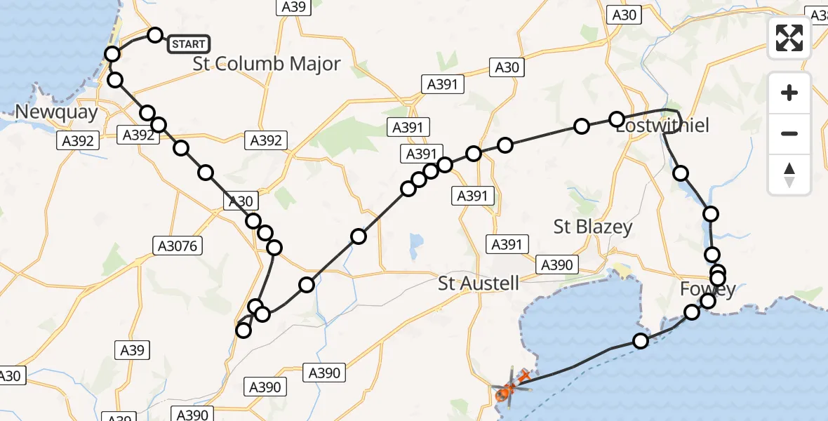 Flight path map showing Coastguard Helicopter route from Cornwall Airport Newquay to Pentewan