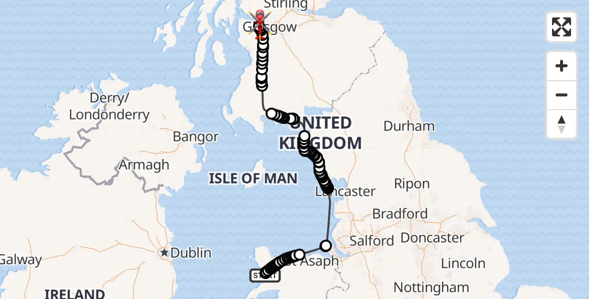 Flight path map showing Air Ambulance Helicopter route from Caernarfon Airport to Glasgow Airport