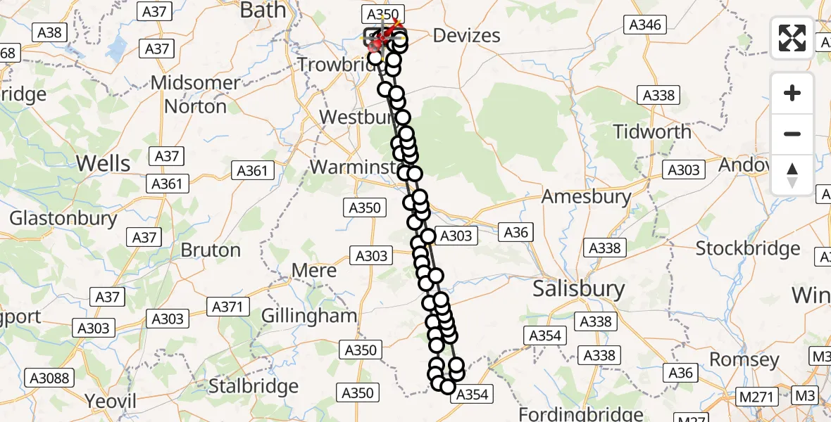 Flight path map showing Air Ambulance Helicopter route from Wiltshire Air Ambulance to Wiltshire Air Ambulance